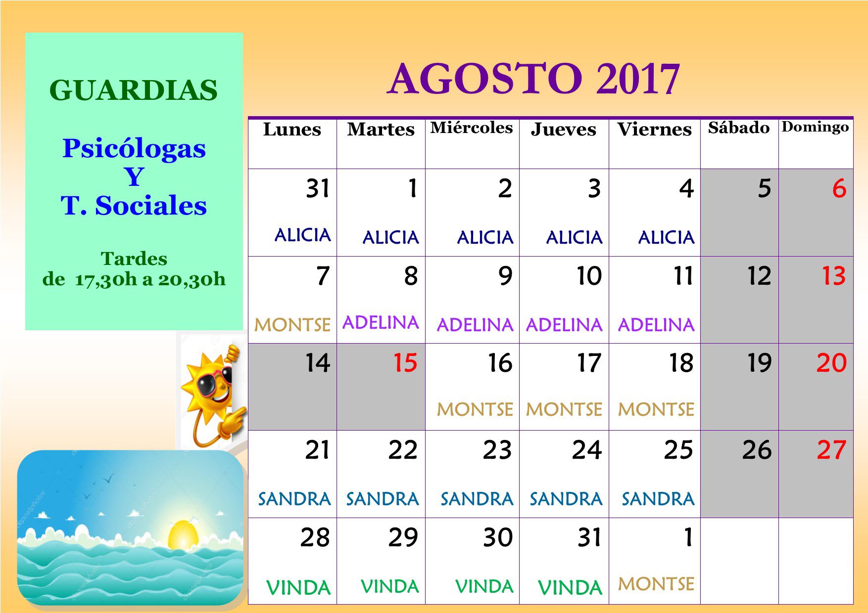 Calendario de guardias ACLAFEBA de agosto 2017